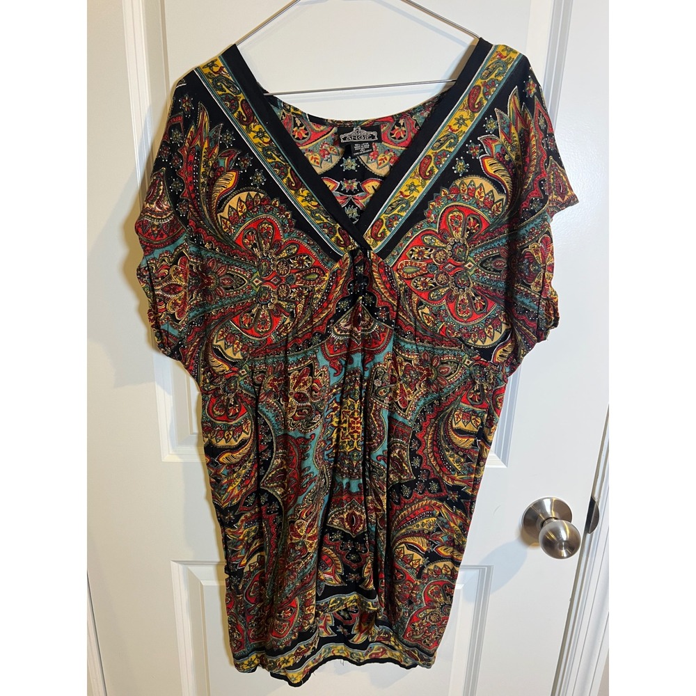 American Threads Black Multicolor Paisley V-Neck Women's Top